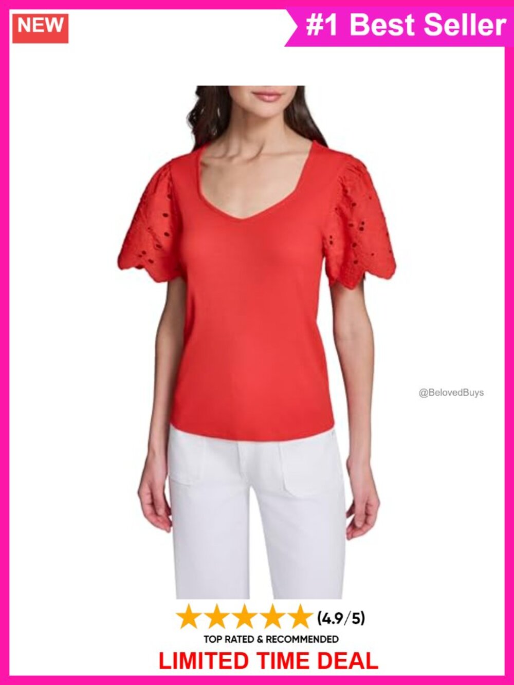 Dainty Blouse with Eyelet Sleeves V-Neck Cap Sleeve Office Shirt
